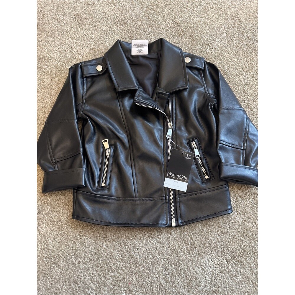 Ok!e Dokie Black Faux Leather Moto Biker Jacket Zip Up Girls Size 2T NWT Toddler